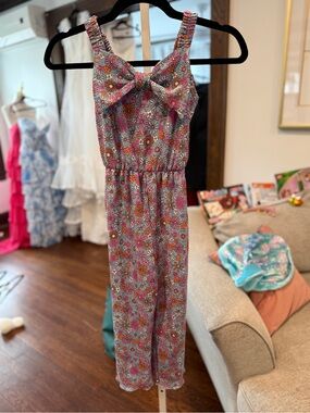 Girls Floral Jumpsuit with Bow - Pink Multi Size 7